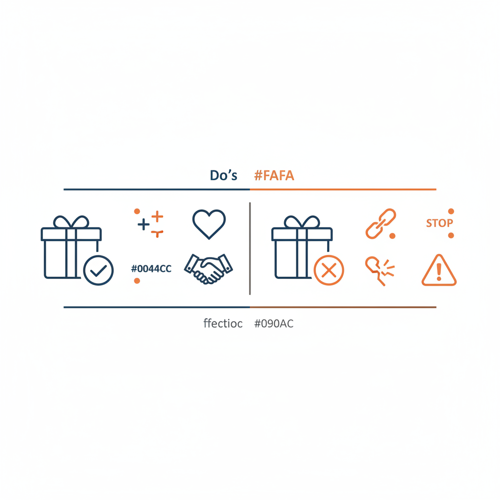 Minimalistische 2D-Vektor-Infografik: Icons zeigen Do's und Don'ts beim Schenken und unterscheiden geeignete und unangemessene Geschenke, Markenfarben #FAFAFF, #0044CC, #ff9800