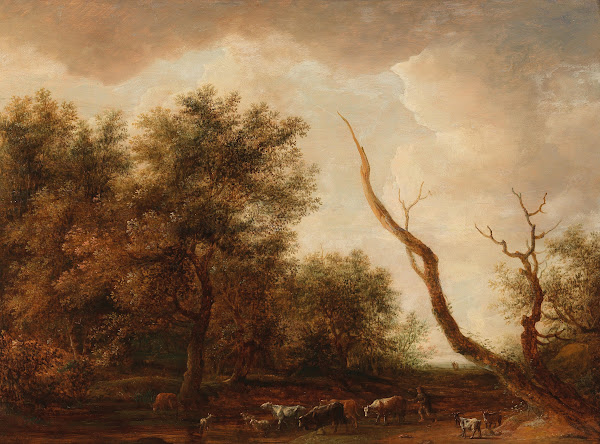 A wooded landscape with a shepherd and his flock
