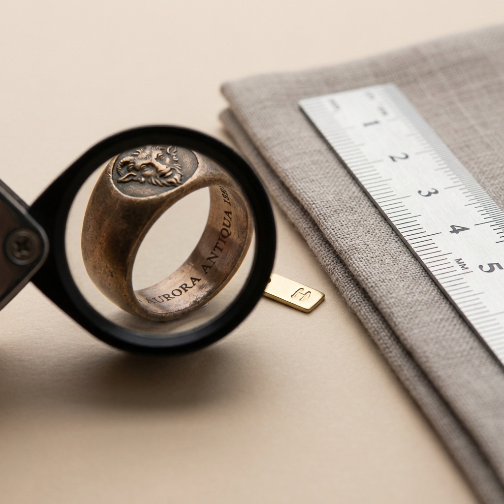 Macro photograph of a faun engraved ring interior showing faint shank inscription with loupe and ruler for scale on warm beige background
