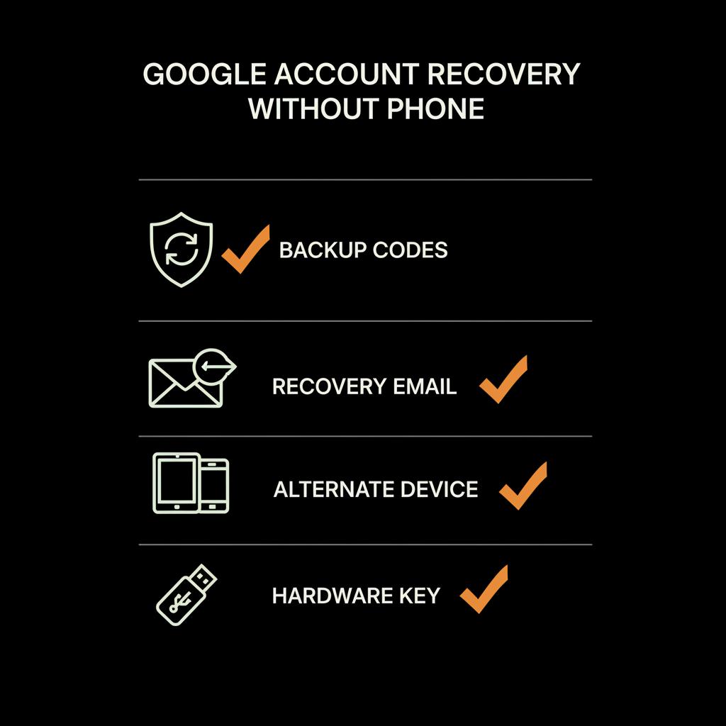 Minimal full-frame checklist infographic on black background showing backup codes, recovery email, alternate device and hardware key to recover Google account without phone