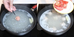 Dùng muỗng vo từng viên thịt tròn cho vào nồi nước, đun sôi trong 3 phút thì cho cà chua thái múi cau và giá đỗ vào đun trong 4 phút ở lửa nhỏ.