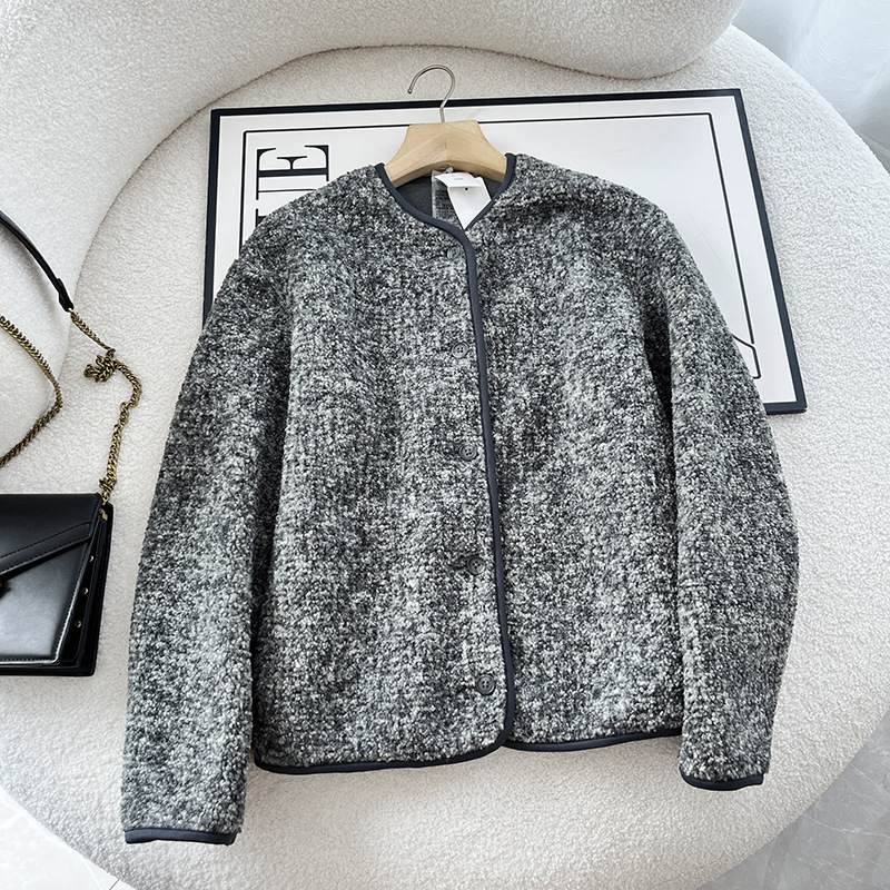 Warm Lamb Fleece Cardigan with Round Neck for Women
