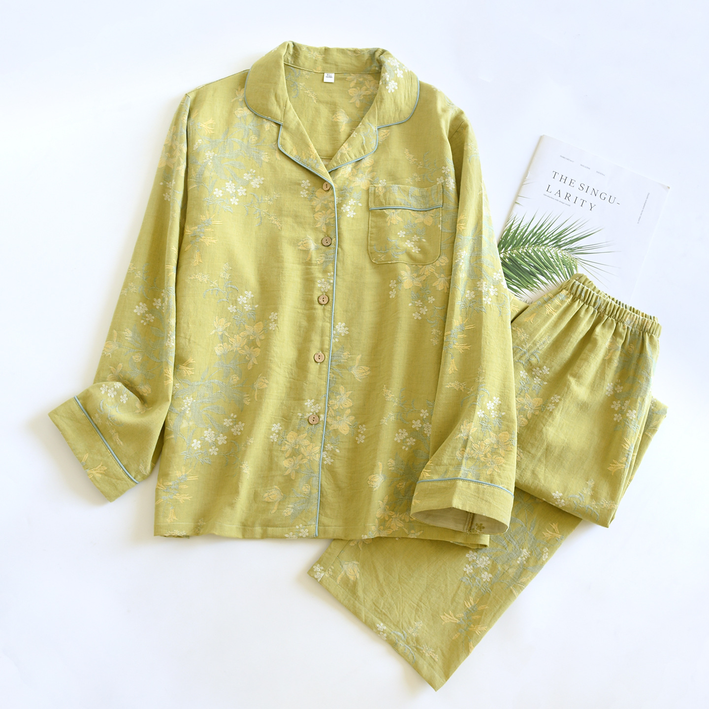 Women's Cotton Pajama Set, Long Sleeves, with Jacquard Pattern