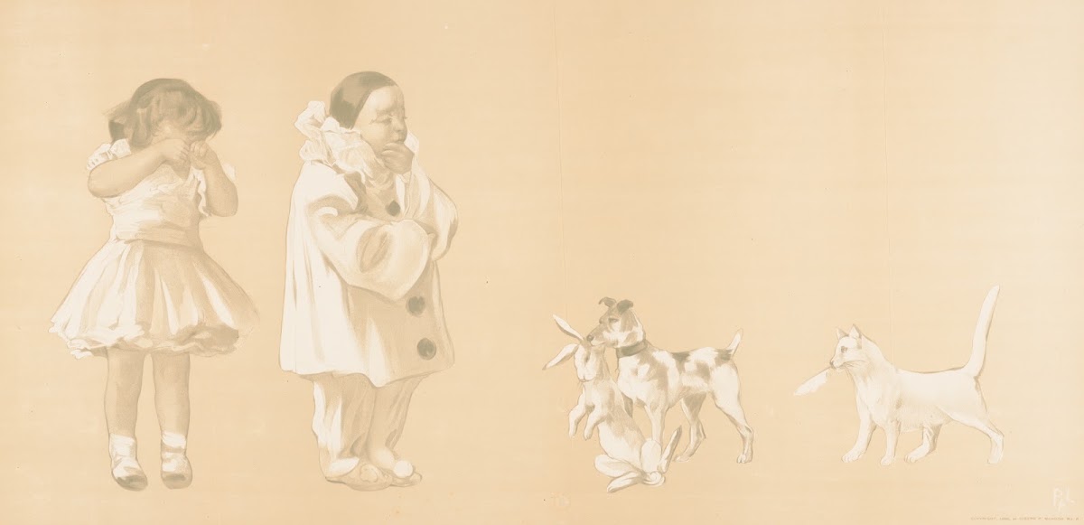 Girl crying thoughtful clown looking down at the dog with rabbit in mouth 1905