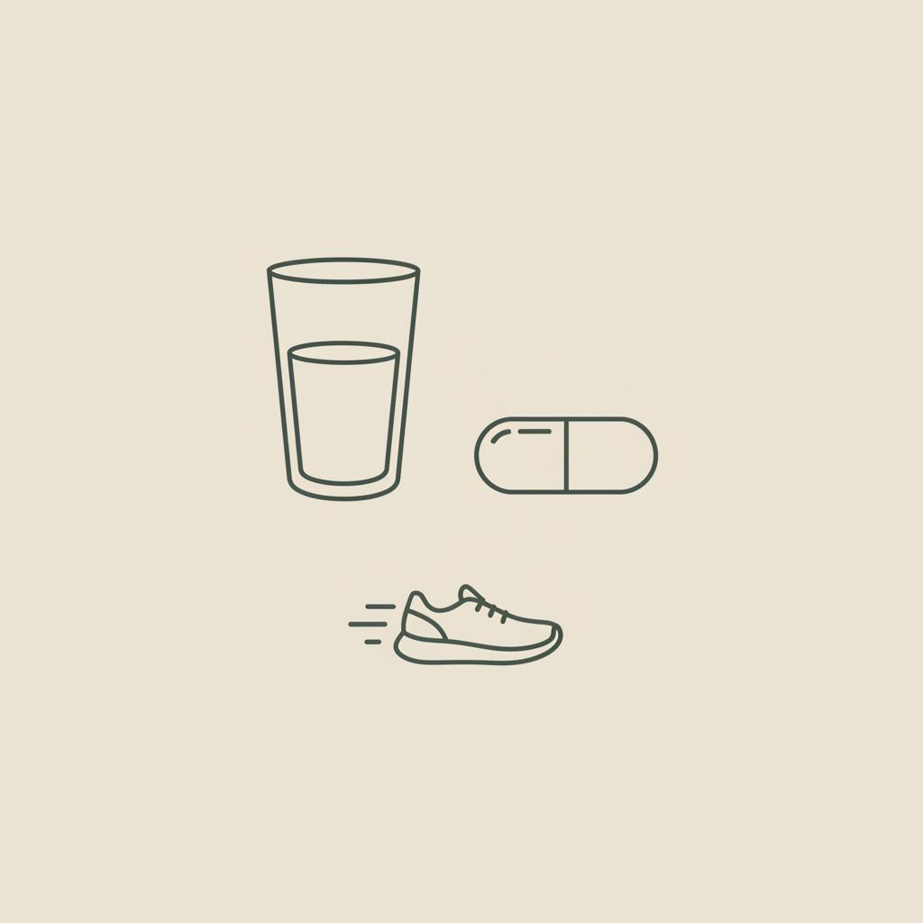 Minimal Tonum-style line illustration of a water glass, a capsule, and a running sneaker symbolizing how to lower blood sugar quickly on a beige background.