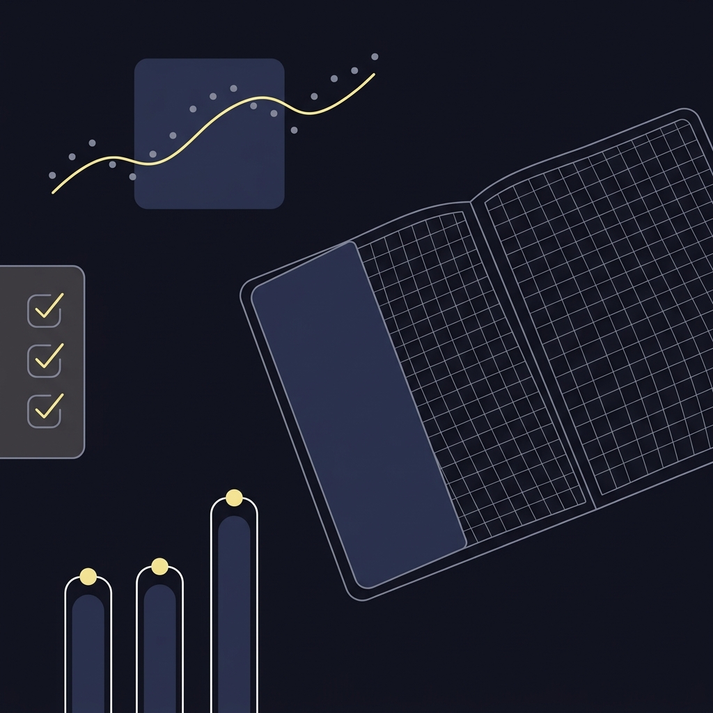Minimalist 2D vector illustration of a checklist and open notebook with snapshot cadence markers book weight bars and smoothing window sparkline for Tracking Multiple Books to Understand Market Direction