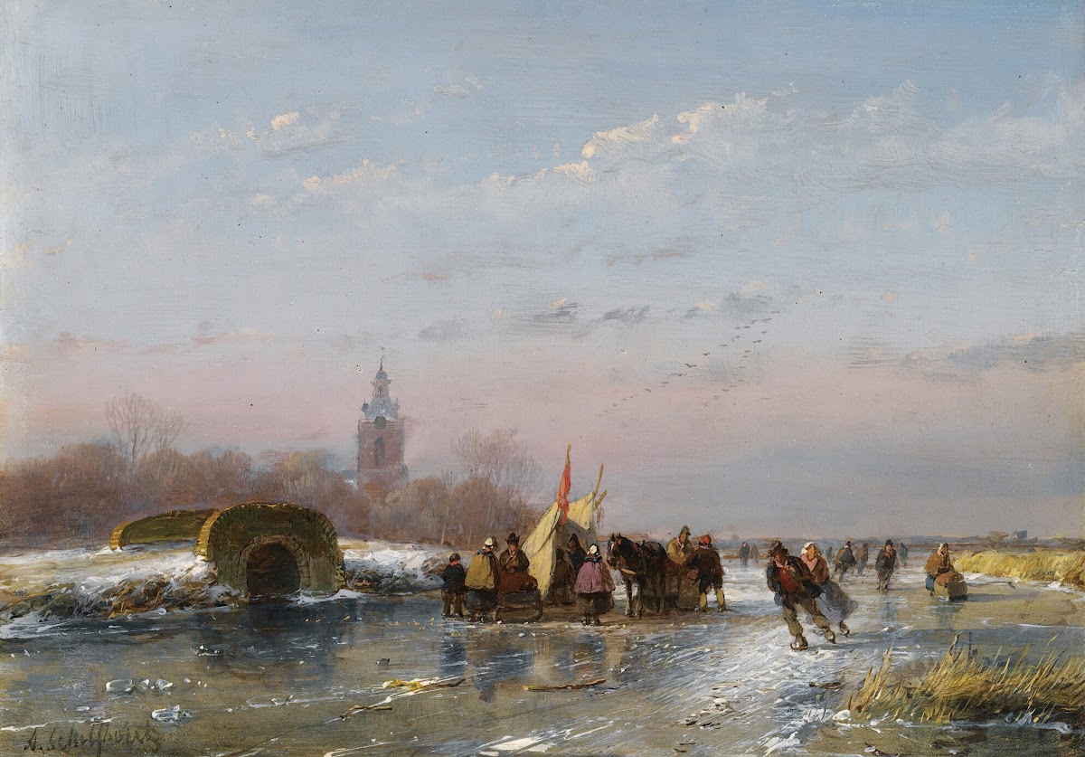 A Frozen Waterway With Skaters By A Refreshment Stall