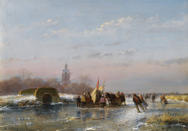 A Frozen Waterway With Skaters By A Refreshment Stall