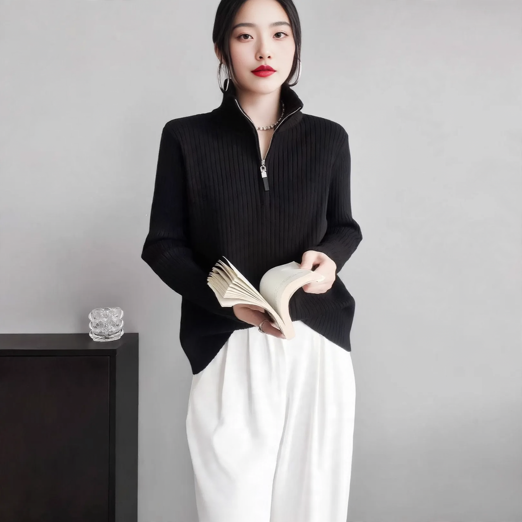 Women's knitted sweater with zipper and finger holes