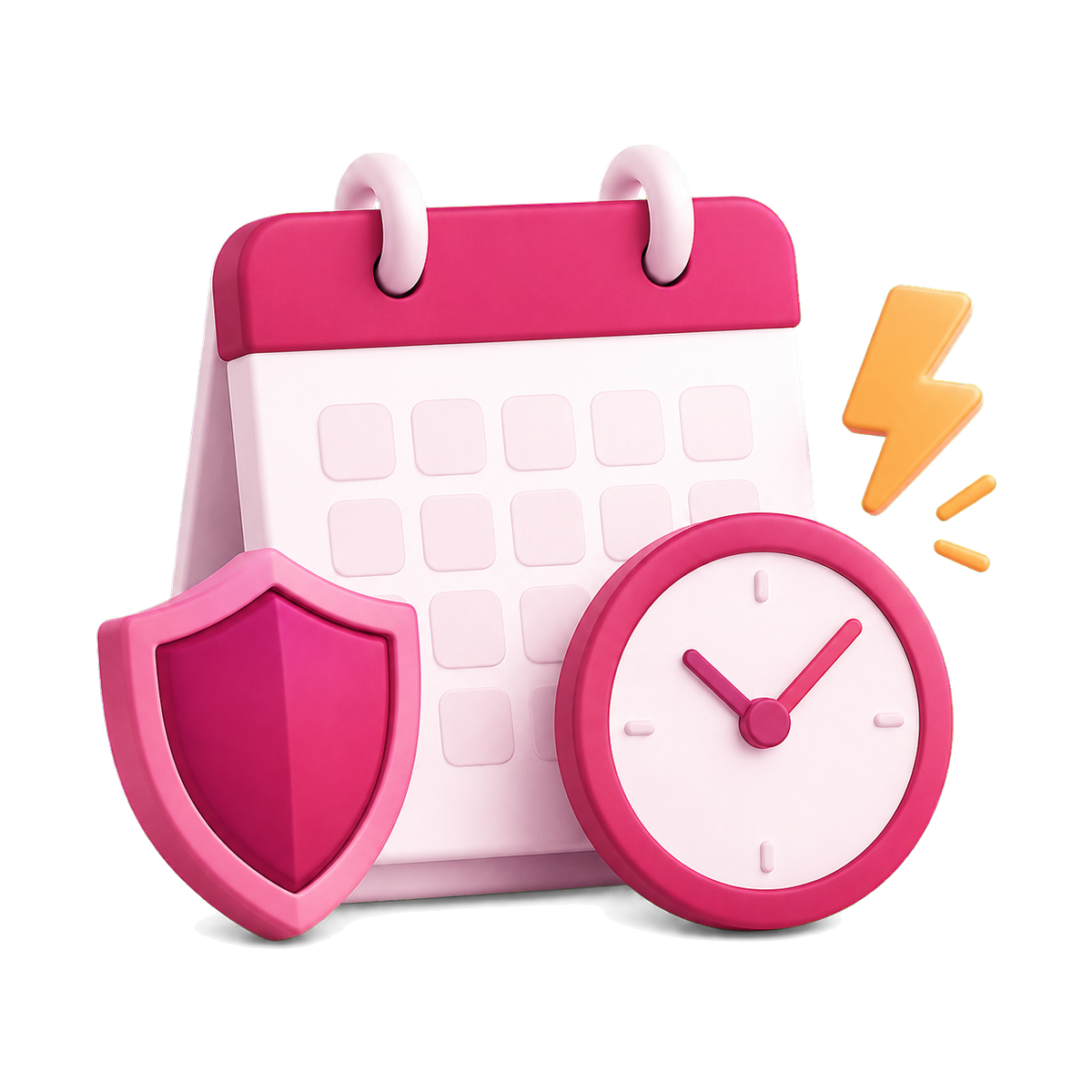 Symbolbild Form-Risiko: Kalender mit Uhr, Blitz und Schutzschild