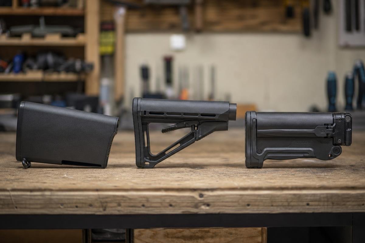 A2 fixed stock mounted on a rifle-length buffer tube next to two carbine options on a workbench