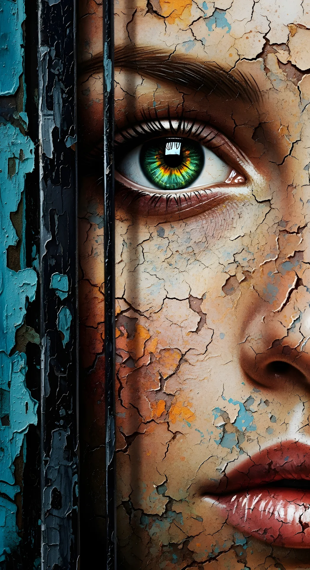 Cracked Mural Woman with Vivid Green Eye and Peeling Paint - Free 4K mobile Wallpaper