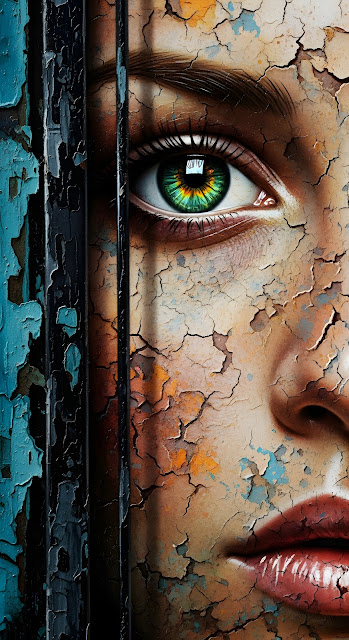 Cracked Mural Woman with Vivid Green Eye and Peeling Paint - Free mobile Wallpaper