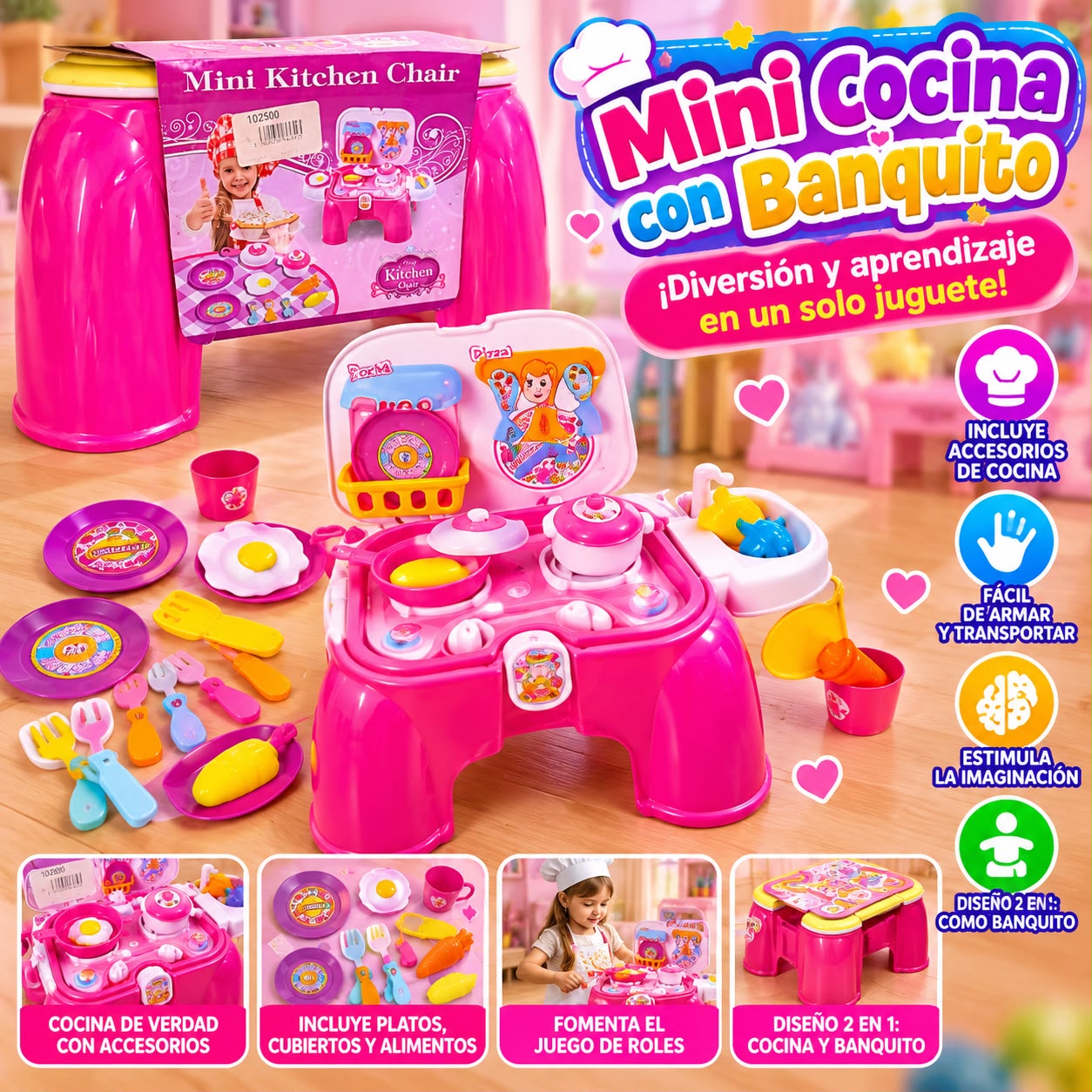 Mini cocina de juguete con banquito 2 en 1