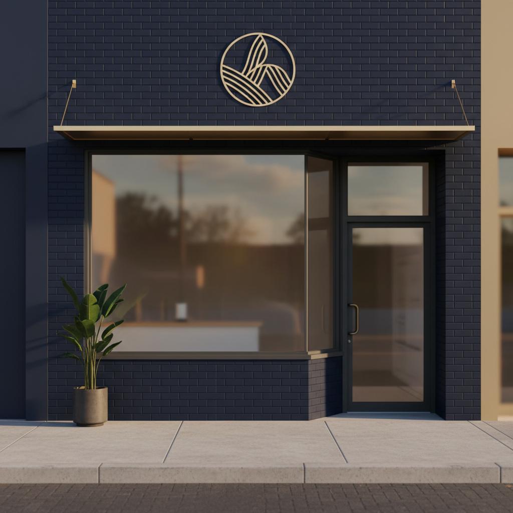 Minimalist photo of a small cafe storefront with clear signage, deep navy background and gold accents, natural lighting &mdash; optimized for local SEO.