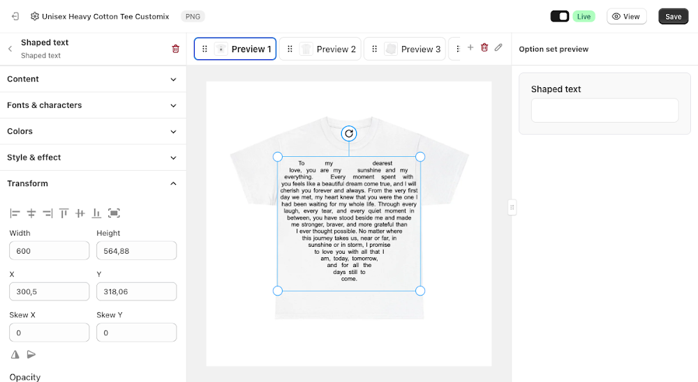 Transform panel with Width, Height, X, Y, Skew X, Skew Y, Opacity, and Rotation fields