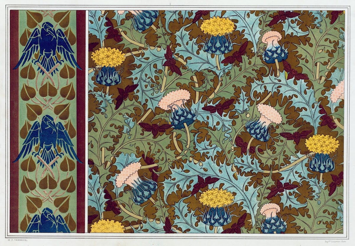 Corbeaux bordure au pochoir cigales et chardons étoffe imprimée 1897