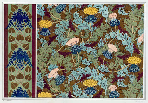 Corbeaux bordure au pochoir cigales et chardons étoffe imprimée 1897