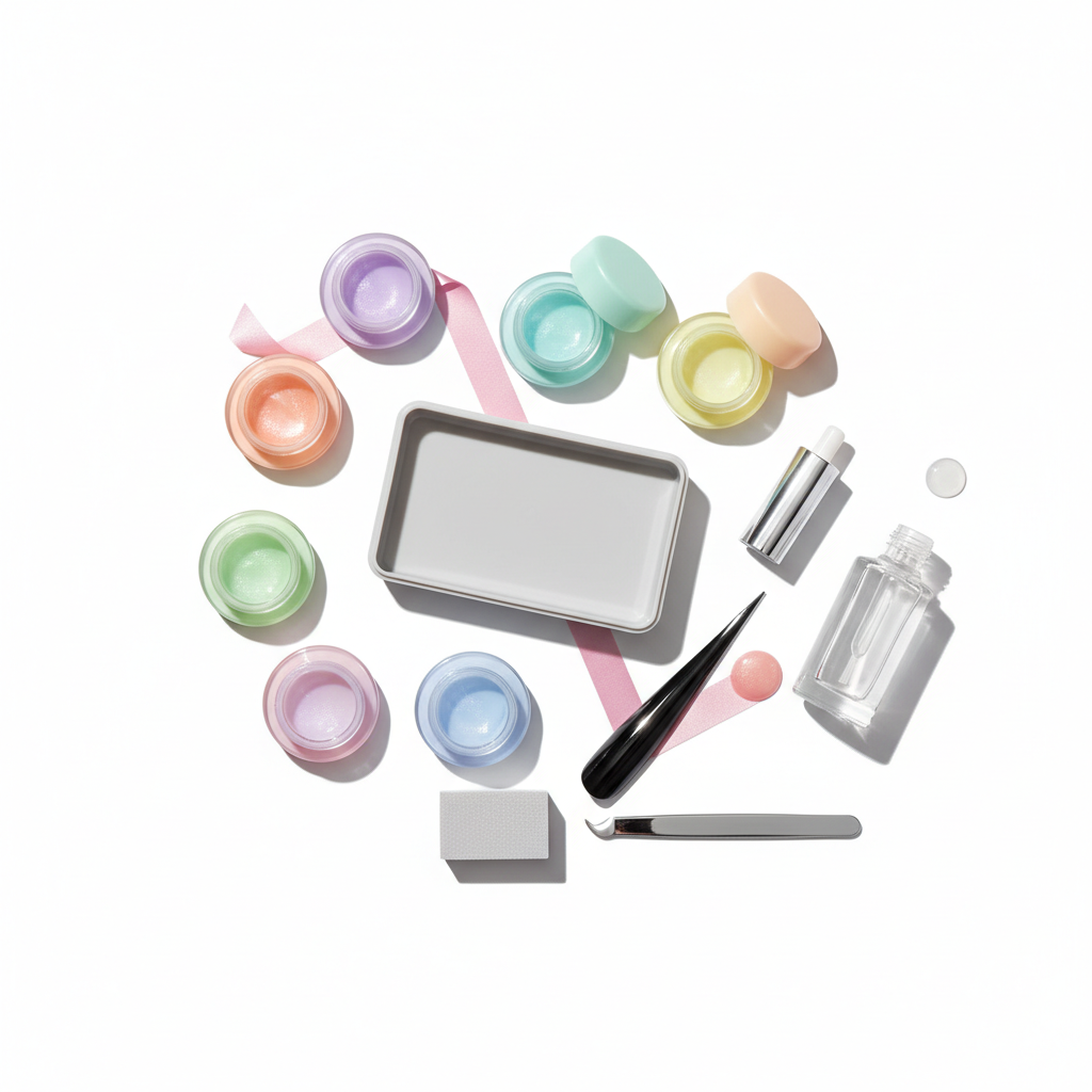 Close‑Up Flatlay eines geöffneten gellnails starter kit mit Farbgels, Topcoat und Nageltools auf weißem Hintergrund, minimalistisches Pastell‑Design.
