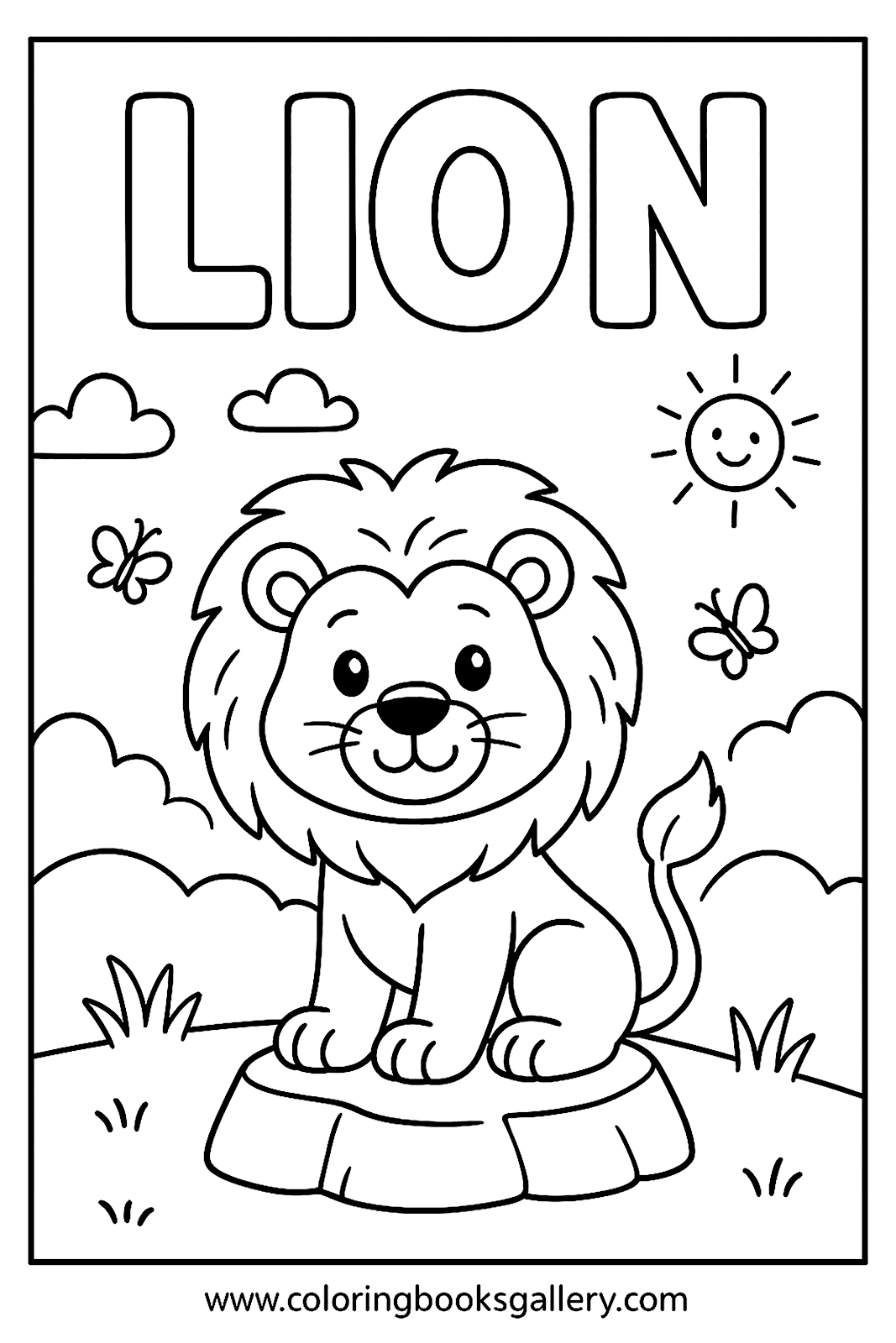 Fun coloring page to learn the English word 'Lion' for kids – printable coloring page