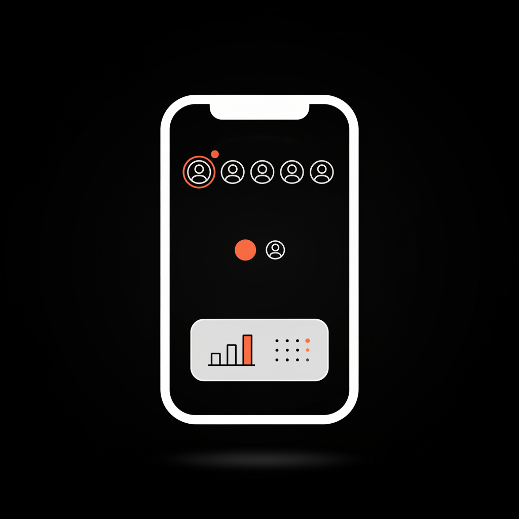 Minimal 2D vector mobile mockup with story viewer list, live viewer dot, and insights card on black background — visual for see who viewed my Instagram profile