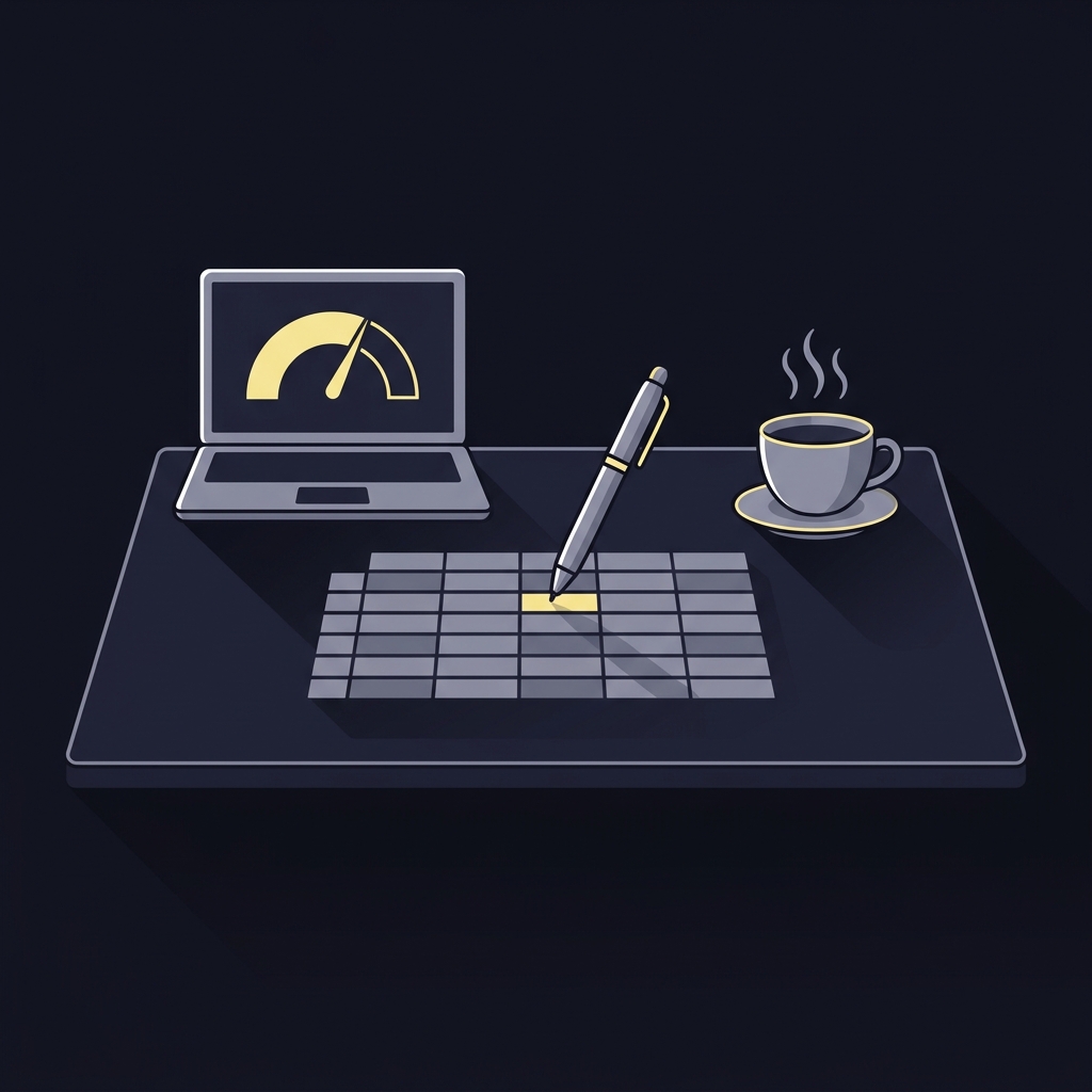 Minimal 2D vector workspace with laptop showing a Kelly fraction semicircle gauge pen hovering over a grid style tracking spreadsheet and a coffee cup in Funded Plays colors oddsjam calculator