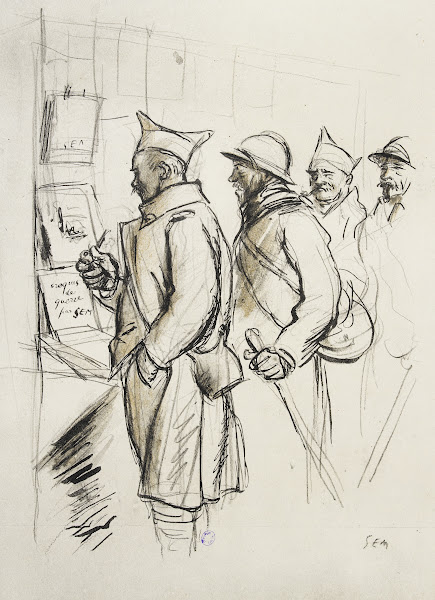 Quatre soldats regardant les Croquis de guerre de Sem 1917 1918