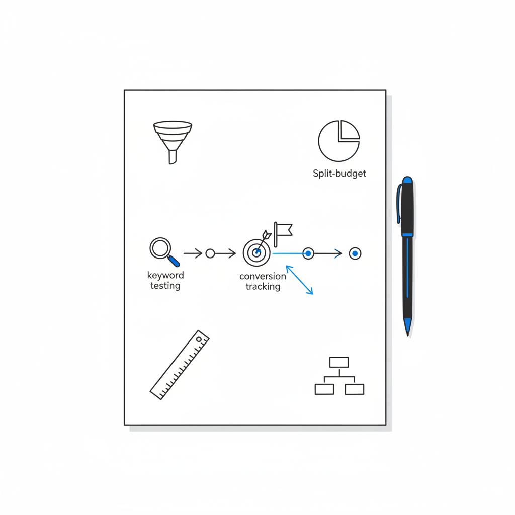 Minimal 2D vector notebook-style sketch of a PPC campaign timeline with icon-based keyword testing flowing by arrows to conversion tracking on a clean white background for small business PPC