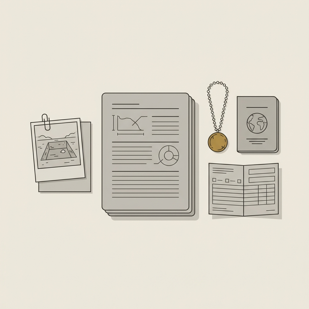 Top down 2D vector of an ancient roman coin necklace beside a passport customs form conservation report pages and a find context photograph on a minimalist desk