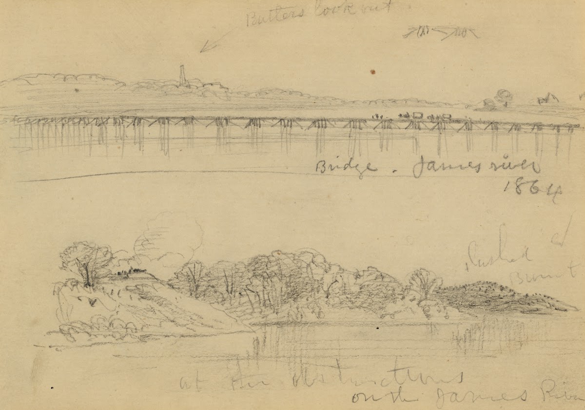 Two views of military works on the James River in 1864 1864