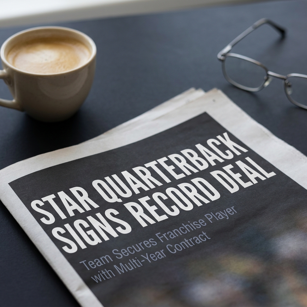 Close up editorial photo of a sports newspaper headline about a contract signing beside a coffee cup and glasses on a dark minimalist desk, neutral professional style for dallas cowboys odds coverage