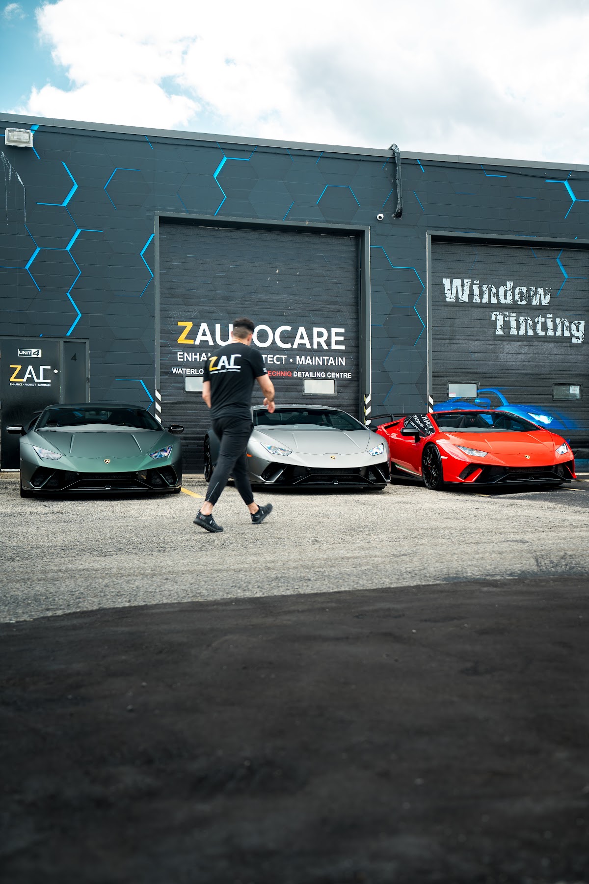 Lamborghini Huracan Performantes lined up outside ZAutoCare