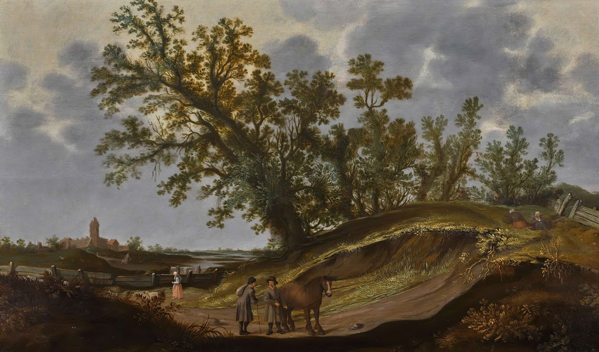 Landscape with figures on a path a church beyond