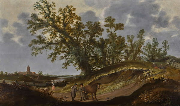 Landscape with figures on a path a church beyond