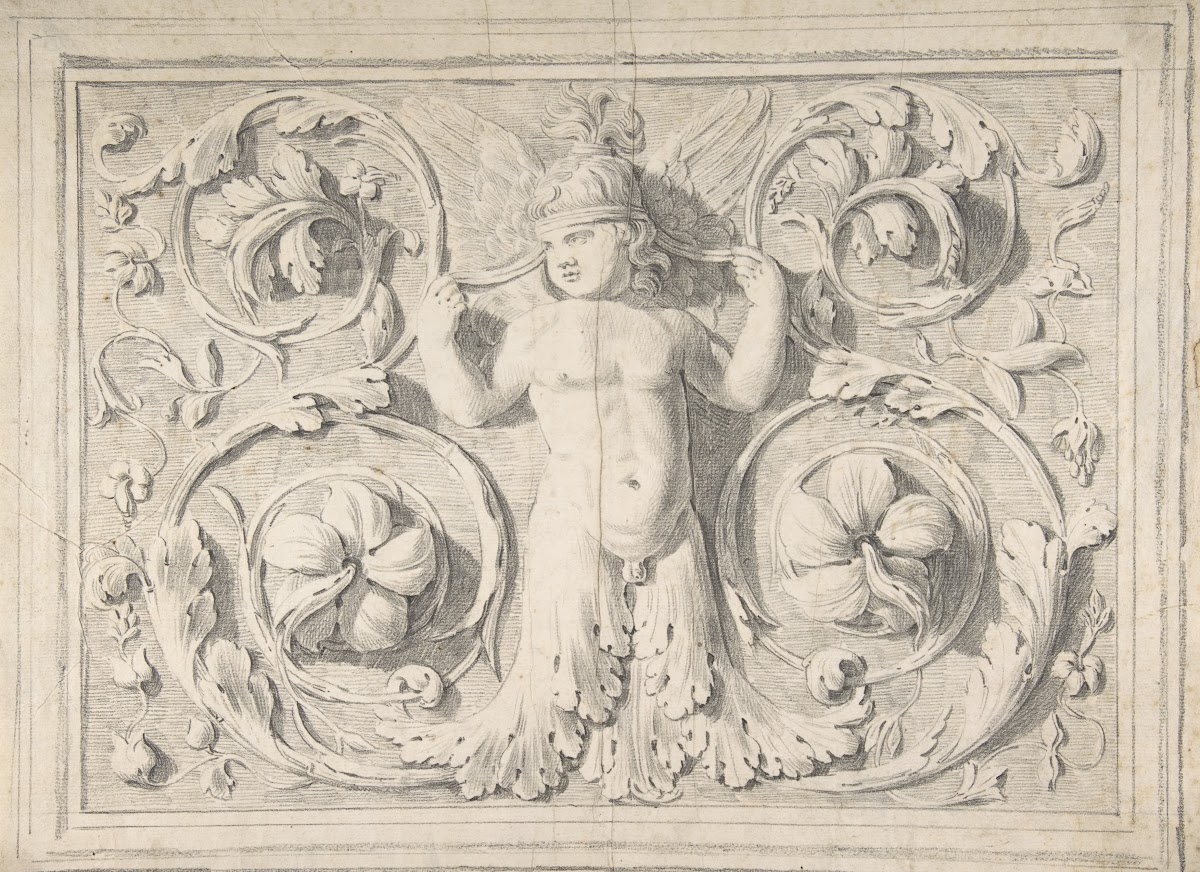 Antique Roman Sculpture with Nude Winged Boy at the Center and Leaves and Vines