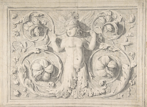 Antique Roman Sculpture with Nude Winged Boy at the Center and Leaves and Vines