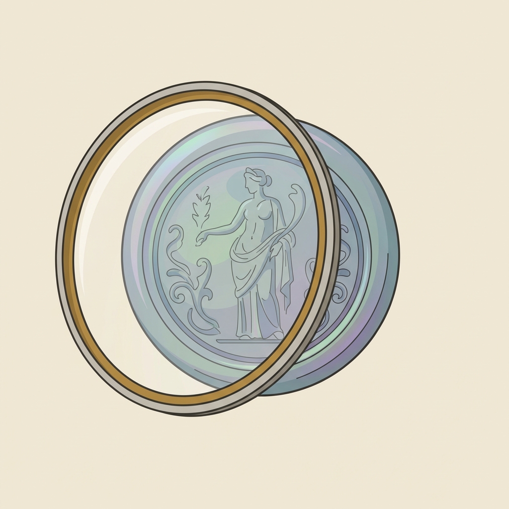 Close up 2D vector of ancient roman glass jewelry intaglio with faint iridescence under conservator magnifying lens on warm cream background