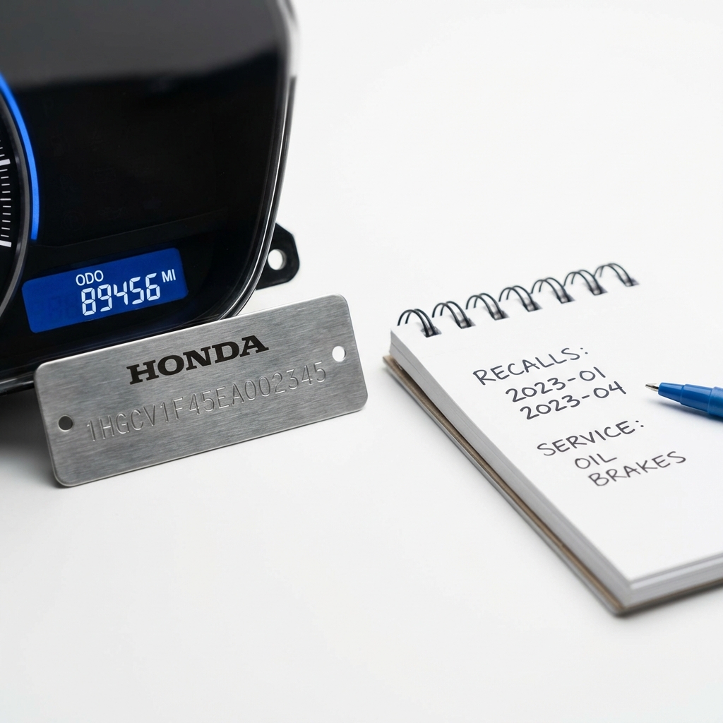 Close up of a Honda VIN plate and odometer with a notepad listing recalls and service items on a clean white minimal dashboard scene hondas near me