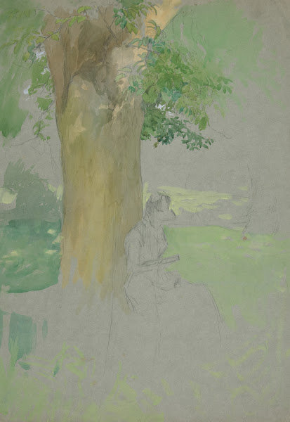 Woman seated beneath a treereading