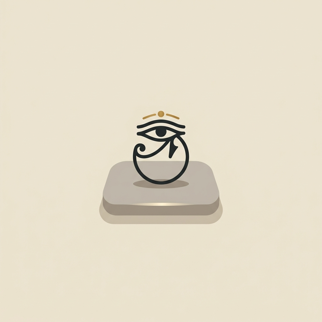 Minimalist 2D vector of an eye of horus nose ring centered on beige background #ede7da with ink outlines #34332e gold accent #ae8339 and muted taupe pad #c2bdb6