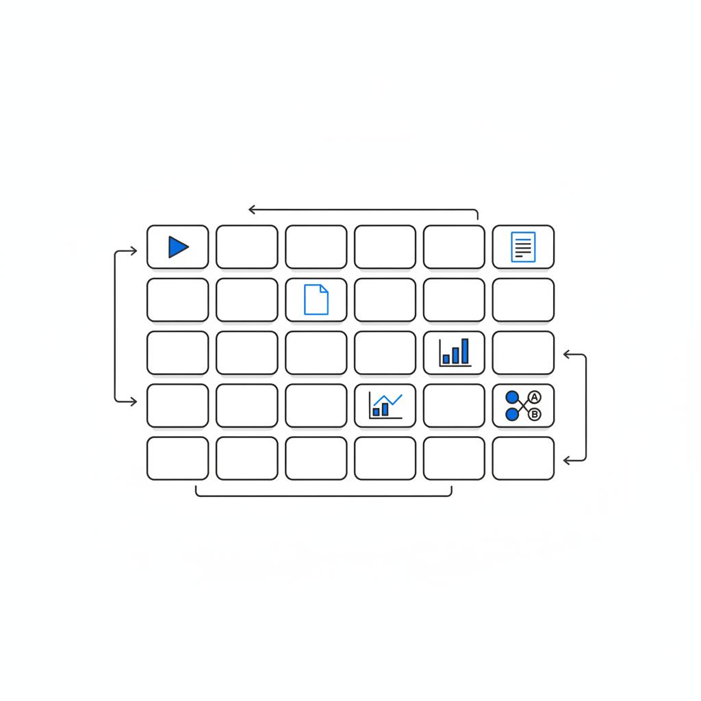 Minimalist 2D vector calendar grid showing a four-week content plan with icons for video, article, poll, and test, using Agency Visible colors and illustrating the 30 30 30 rule for social media.