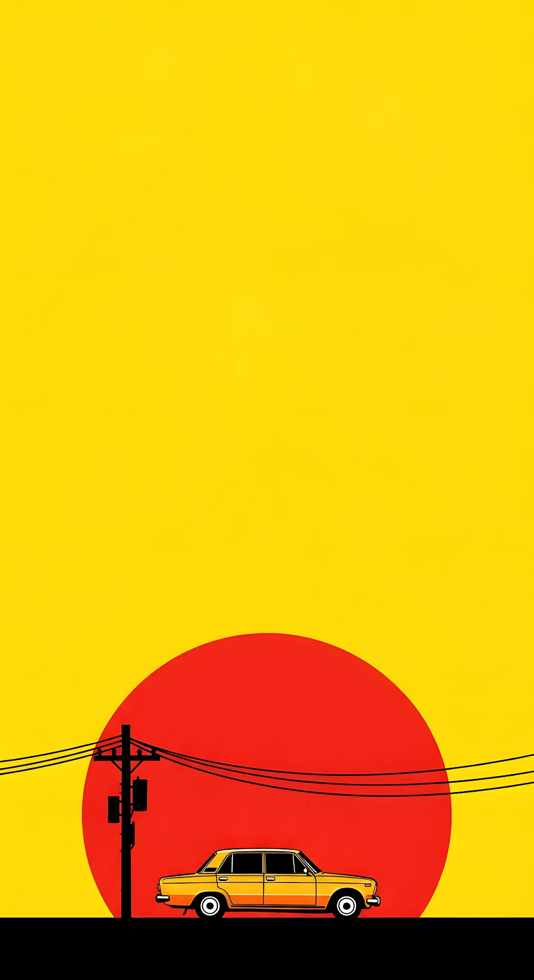 Minimalist Pop Art Illustration of a Vintage Car Against a Large Orange Sun and Grainy Yellow Background - Free 4K mobile Wallpaper