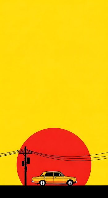 Minimalist Pop Art Illustration of a Vintage Car Against a Large Orange Sun and Grainy Yellow Background - Free mobile Wallpaper