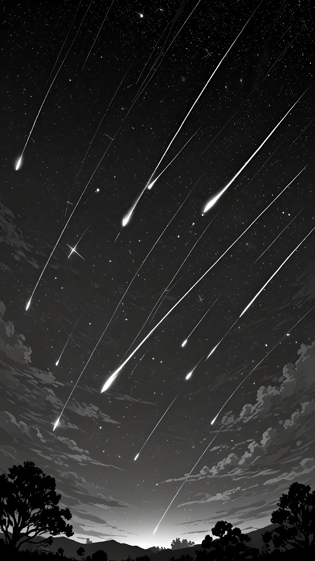 Monochrome Meteor Shower Night Sky Landscape Art - Free 4K mobile Wallpaper