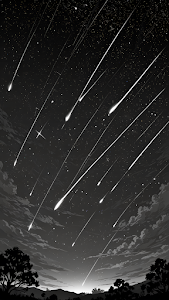 Monochrome Meteor Shower Night Sky Landscape Art