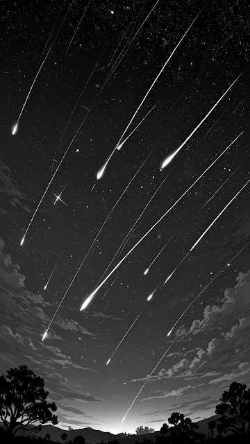 Monochrome Meteor Shower Night Sky Landscape Art - Free mobile Wallpaper