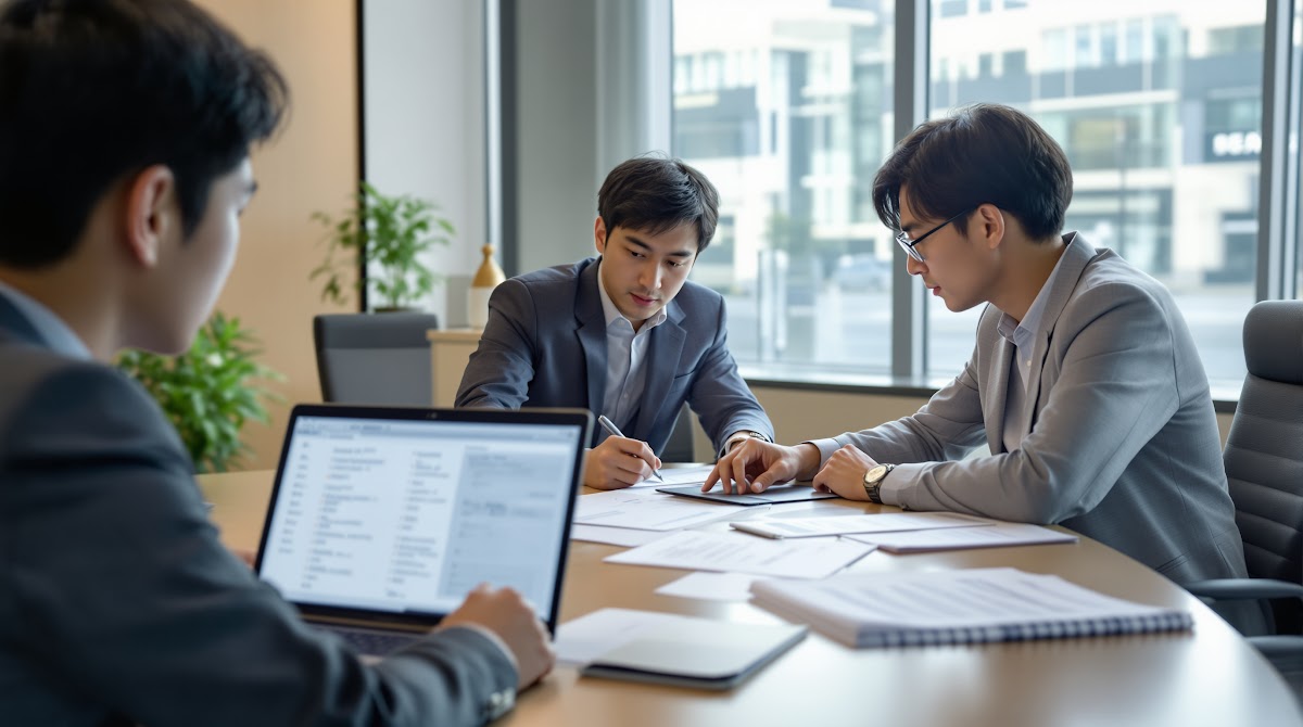 2025년 논문번역 성공을 위해 연구자와 번역 전문가가 함께 체크리스트를 검토하며, 최신 AI 번역 솔루션과 검수 프로세스를 점검하는 회의 장면