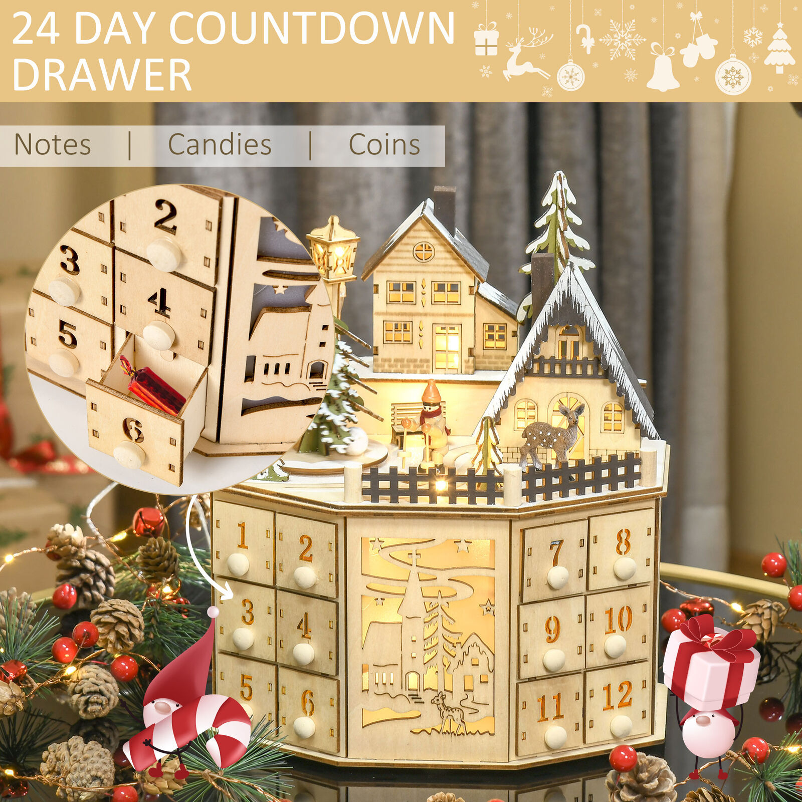 Holz-Adventskalender mit Musik und Dorf-Szene