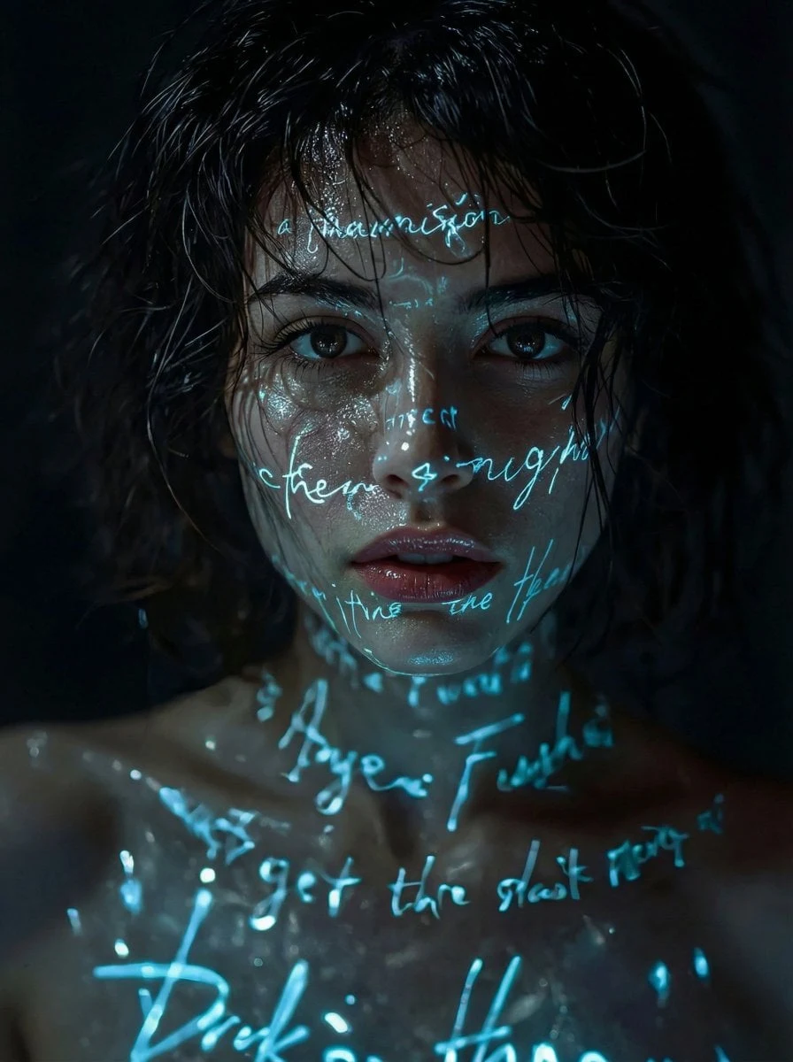 Un retrato cinematográfico e hiperrealista en primer plano de una misteriosa joven en la oscuridad, con la piel mojada y brillante como...