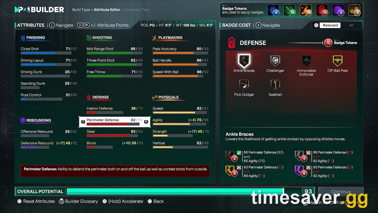 NBA 2K27 MyPLAYER Builder badge-requirements screen showing badge tiers, attribute thresholds, and the Badge Token counter